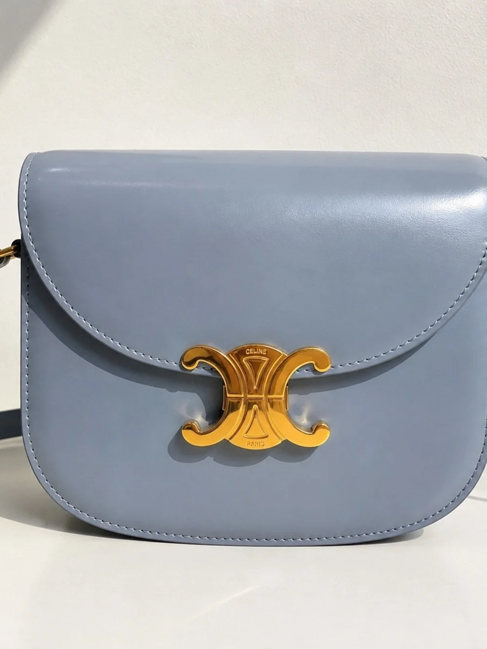 RARE CELINE Small Triomphe Bag Blue Gray Shiny Calfskin Gold Hardware Authentic